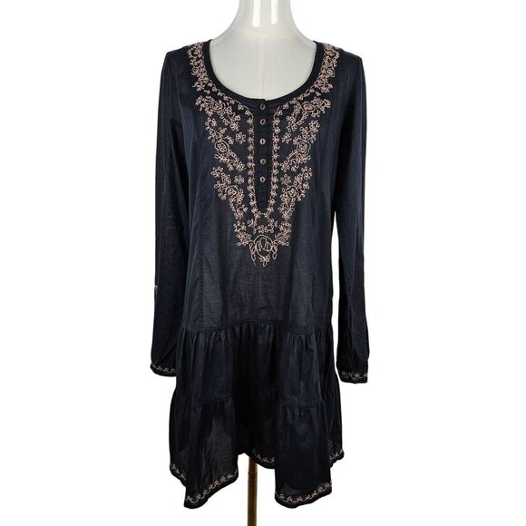 Lucky Brand  Black Embroidered Tunic Dress Medium Cotton Whimsigoth Boho Cottage - Picture 1 of 10